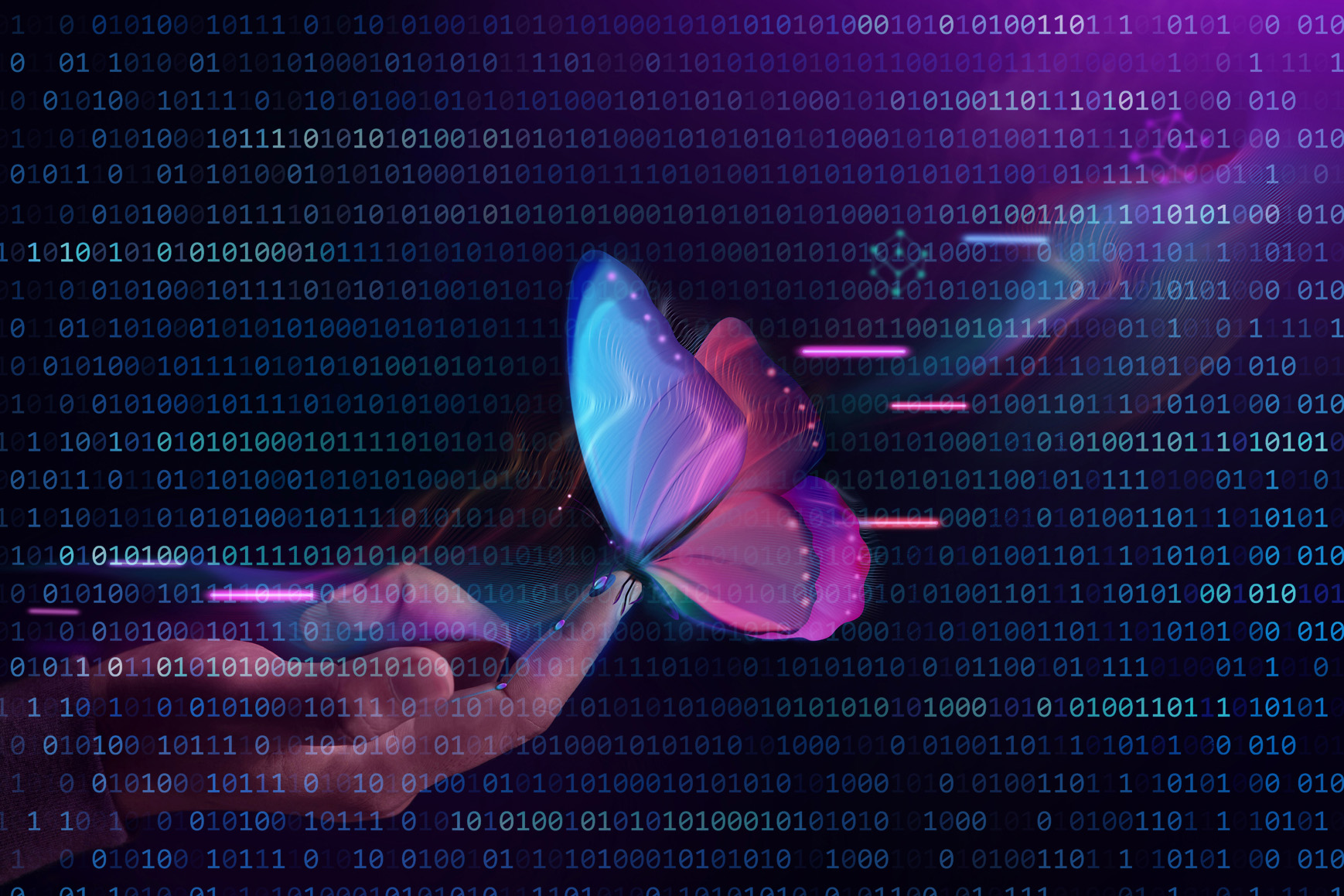 Digital image Biosensor Technology Concepts. New Experiences with Metaverse, Web3 and Blockchain. Hand Interacting with the Computer Graphic Surrealism Butterfly via Biosensor Tech digital code